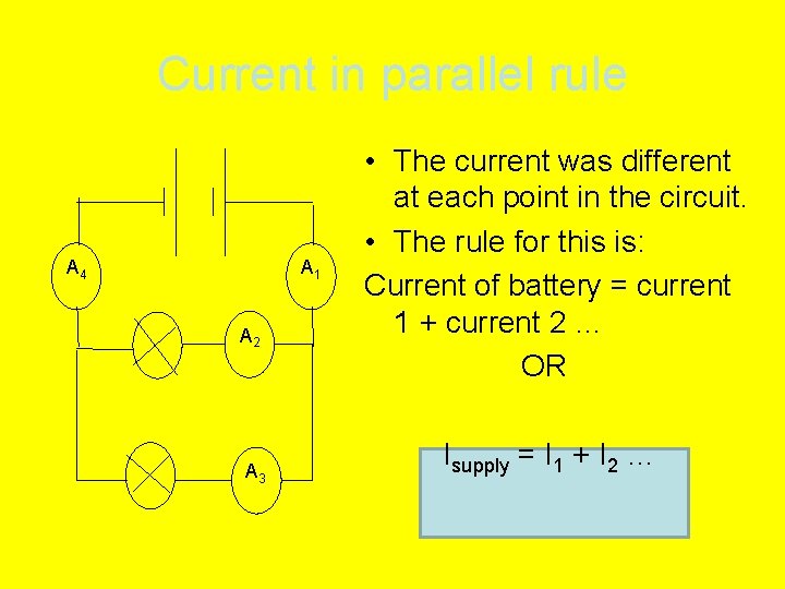 Current in parallel rule A 4 A 1 A 2 A 3 • The