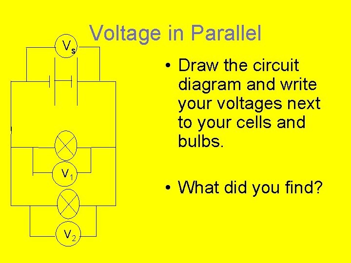 Vs V 1 V 2 Voltage in Parallel • Draw the circuit diagram and