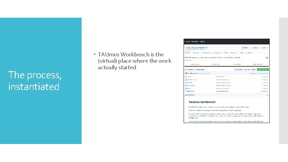 The process, instantiated • TAUmus Workbench is the (virtual) place where the work actually The process, instantiated • TAUmus Workbench is the (virtual) place where the work actually