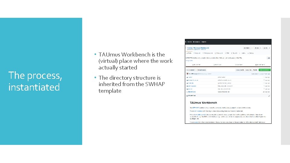 The process, instantiated • TAUmus Workbench is the (virtual) place where the work actually The process, instantiated • TAUmus Workbench is the (virtual) place where the work actually