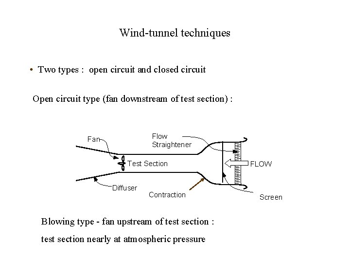 Wind-tunnel techniques • Two types : open circuit and closed circuit Open circuit type