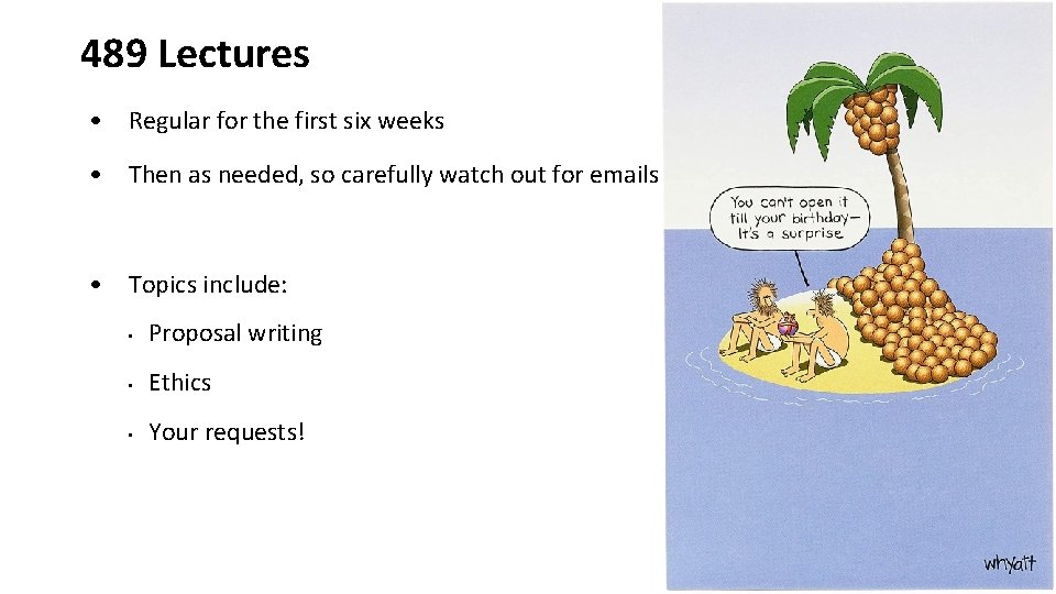 489 Lectures • Regular for the first six weeks • Then as needed, so