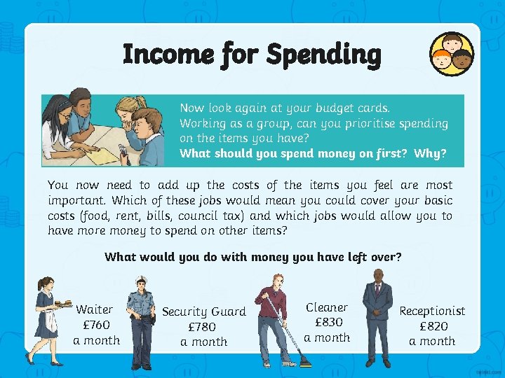 Income for Spending Now look again at your budget cards. Working as a group,