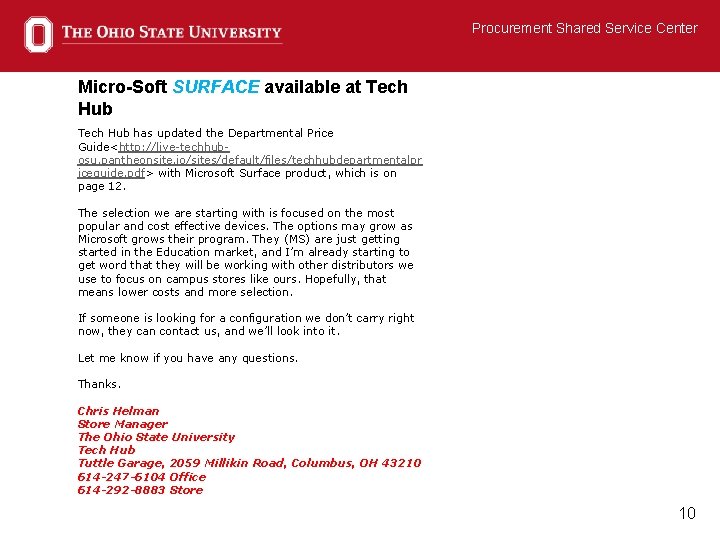 Procurement Shared Service Center Micro-Soft SURFACE available at Tech Hub has updated the Departmental