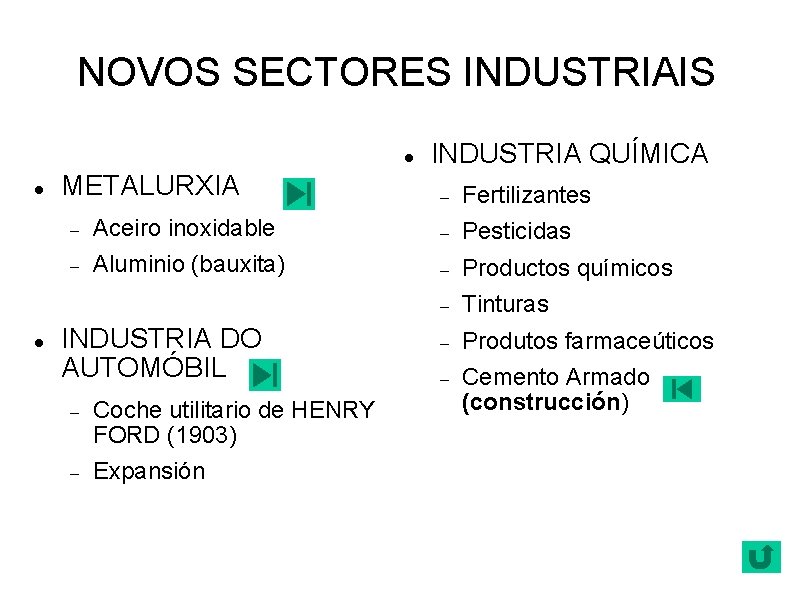 NOVOS SECTORES INDUSTRIAIS METALURXIA INDUSTRIA QUÍMICA Fertilizantes Aceiro inoxidable Pesticidas Aluminio (bauxita) Productos químicos
