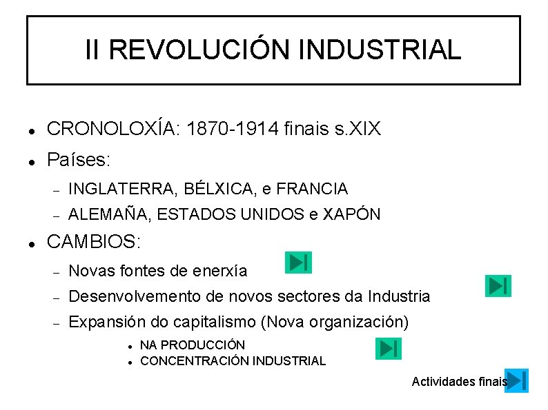 II REVOLUCIÓN INDUSTRIAL CRONOLOXÍA: 1870 -1914 finais s. XIX Países: INGLATERRA, BÉLXICA, e FRANCIA