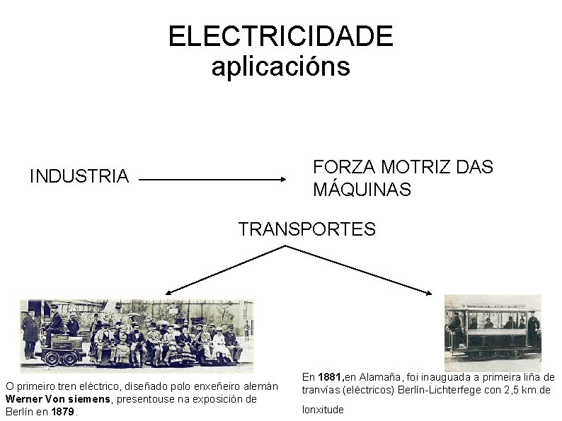 ELECTRICIDADE aplicacións FORZA MOTRIZ DAS MÁQUINAS INDUSTRIA TRANSPORTES O primeiro tren eléctrico, diseñado polo