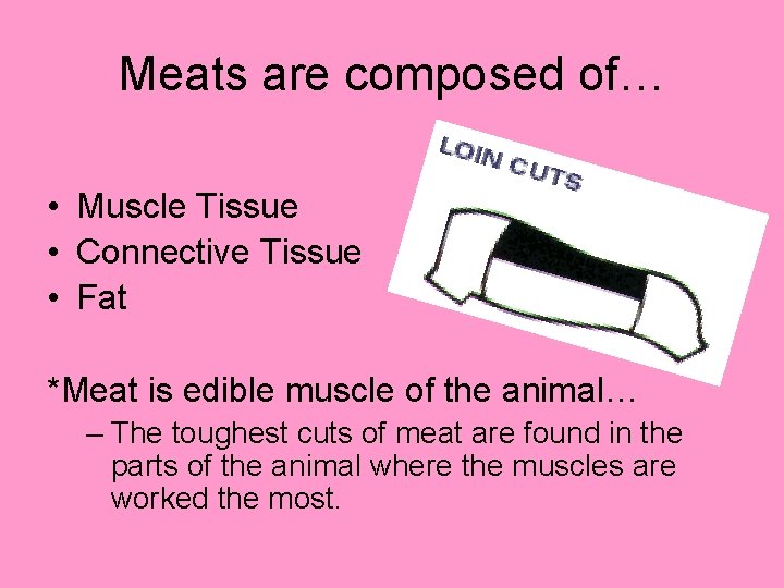Meats are composed of… • Muscle Tissue • Connective Tissue • Fat *Meat is
