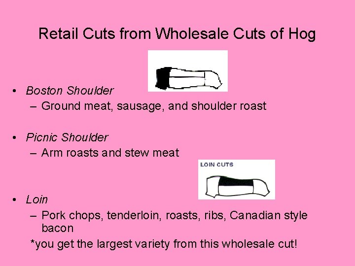Retail Cuts from Wholesale Cuts of Hog • Boston Shoulder – Ground meat, sausage,