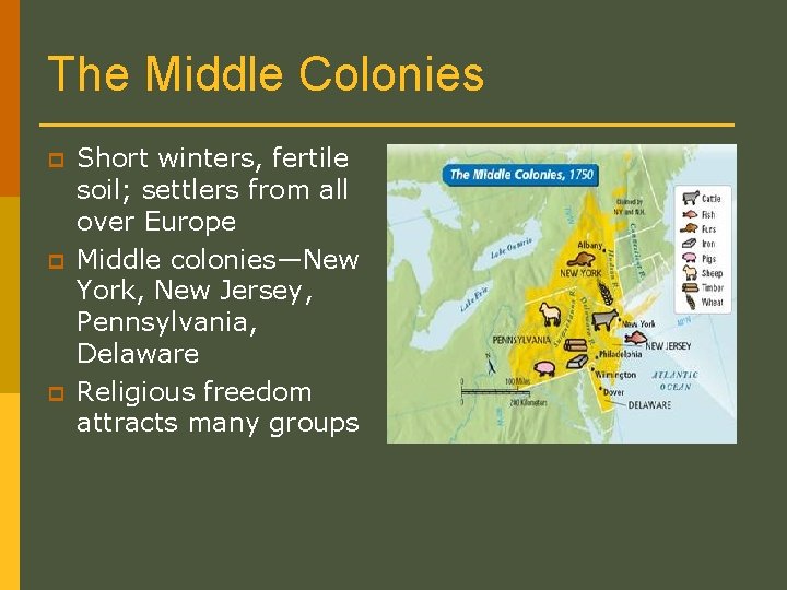 The Middle Colonies p p p Short winters, fertile soil; settlers from all over