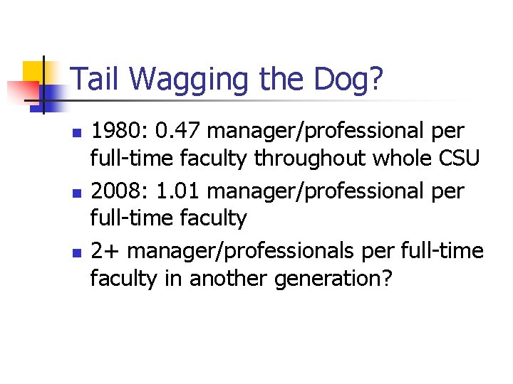 Tail Wagging the Dog? n n n 1980: 0. 47 manager/professional per full-time faculty