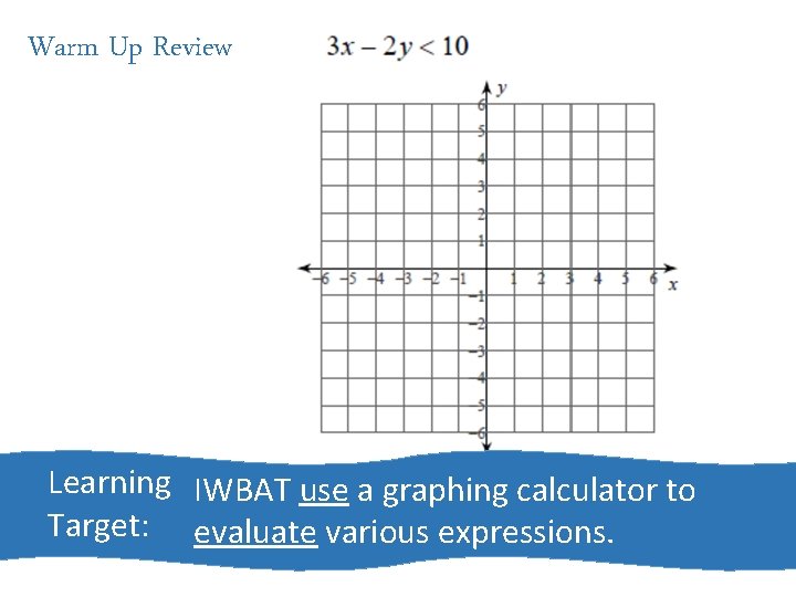 Warm Up Review Learning IWBAT use a graphing calculator to Target: evaluate various expressions.