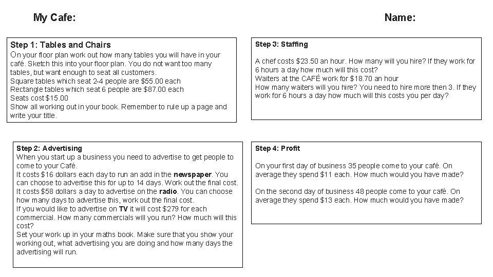 My Cafe: Step 1: Tables and Chairs On your floor plan work out how