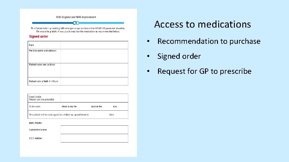 Access to medications • Recommendation to purchase • Signed order • Request for GP