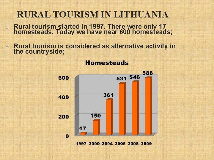 RURAL TOURISM IN LITHUANIA o Rural tourism started in 1997. There were only 17