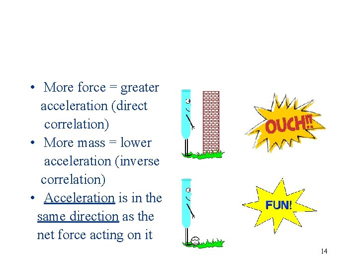  • More force = greater acceleration (direct correlation) • More mass = lower