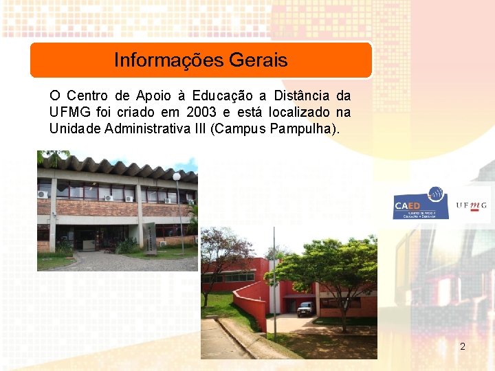 Informações Gerais O Centro de Apoio à Educação a Distância da UFMG foi criado