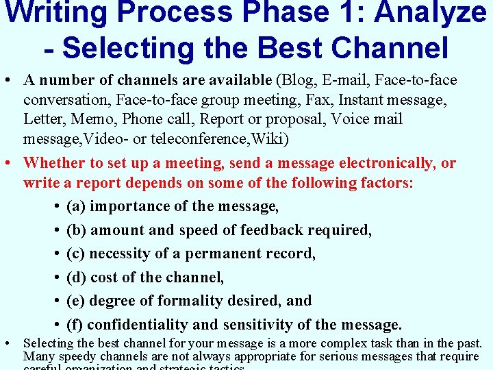 Writing Process Phase 1: Analyze - Selecting the Best Channel • A number of