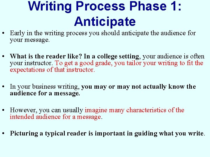 Writing Process Phase 1: Anticipate • Early in the writing process you should anticipate