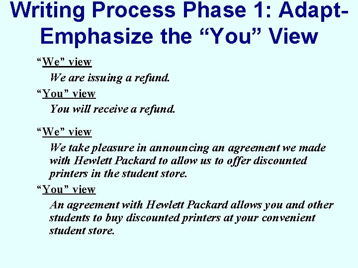 Writing Process Phase 1: Adapt. Emphasize the “You” View “We” view We are issuing