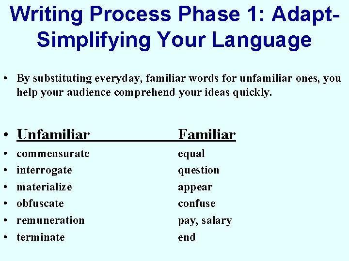 Writing Process Phase 1: Adapt. Simplifying Your Language • By substituting everyday, familiar words