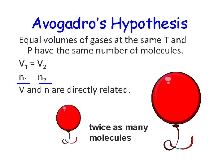Avogadro’s Hypothesis Equal volumes of gases at the same T and P have the