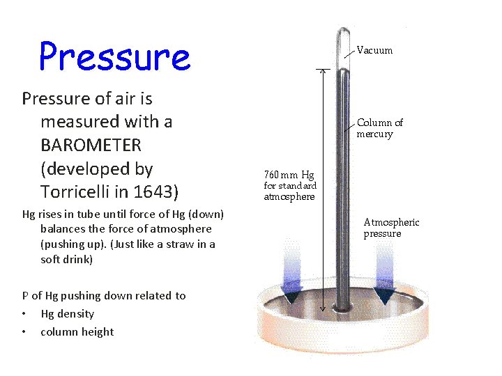 Pressure of air is measured with a BAROMETER (developed by Torricelli in 1643) Hg