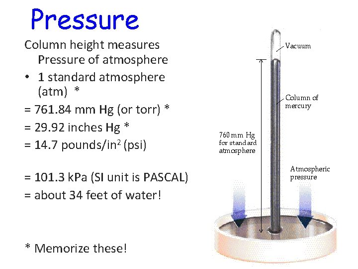 Pressure Column height measures Pressure of atmosphere • 1 standard atmosphere (atm) * =