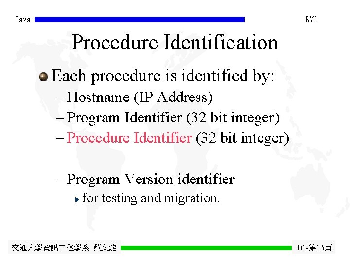 Java RMI Procedure Identification Each procedure is identified by: - Hostname (IP Address) -