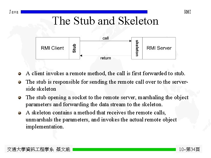 Java The Stub and Skeleton RMI A client invokes a remote method, the call