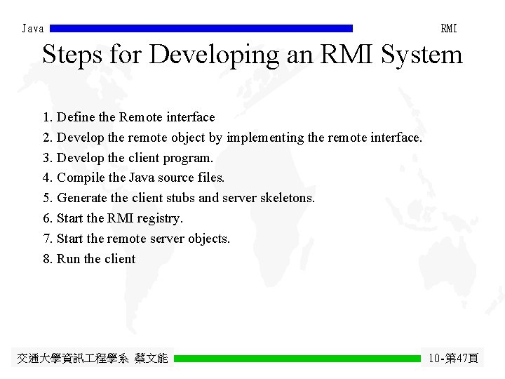 Java RMI Steps for Developing an RMI System 1. Define the Remote interface 2.
