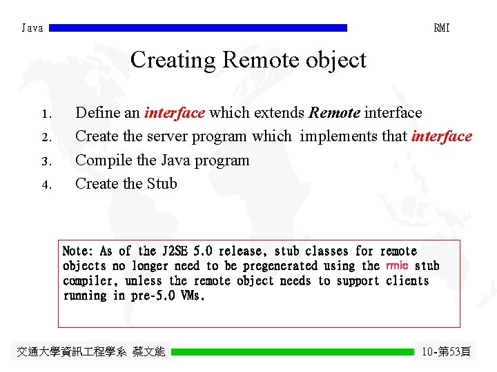 Java RMI Creating Remote object 1. 2. 3. 4. Define an interface which extends