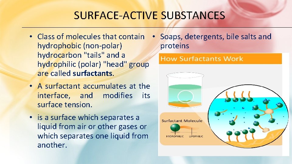SURFACE-ACTIVE SUBSTANCES • Class of molecules that contain • Soaps, detergents, bile salts and SURFACE-ACTIVE SUBSTANCES • Class of molecules that contain • Soaps, detergents, bile salts and