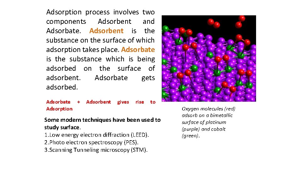 Adsorption process involves two components Adsorbent and Adsorbate. Adsorbent is the substance on the Adsorption process involves two components Adsorbent and Adsorbate. Adsorbent is the substance on the
