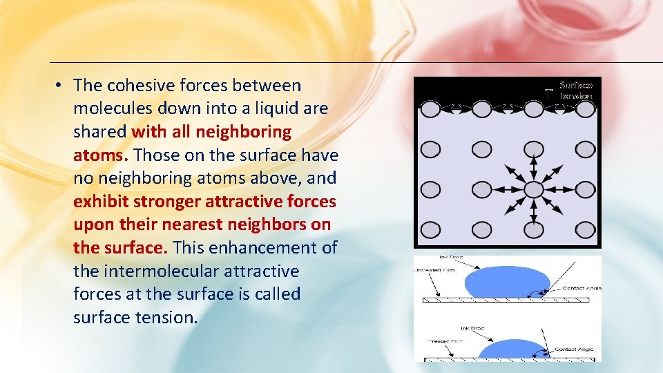 • The cohesive forces between molecules down into a liquid are shared with • The cohesive forces between molecules down into a liquid are shared with