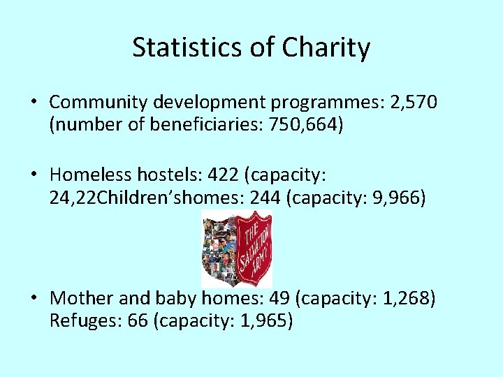 Statistics of Charity • Community development programmes: 2, 570 (number of beneficiaries: 750, 664)