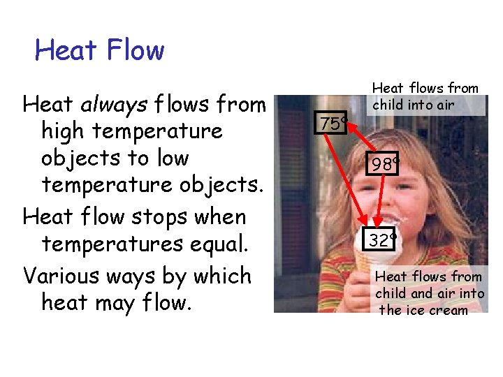 Heat Flow Heat always flows from high temperature objects to low temperature objects. Heat