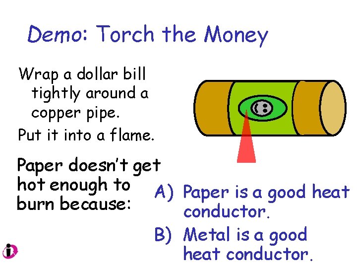 Demo: Torch the Money Wrap a dollar bill tightly around a copper pipe. Put