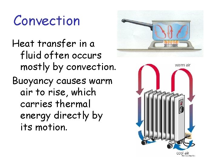Convection Heat transfer in a fluid often occurs mostly by convection. Buoyancy causes warm