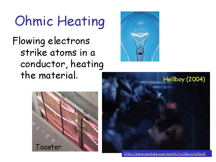 Ohmic Heating Flowing electrons strike atoms in a conductor, heating the material. Toaster Hellboy