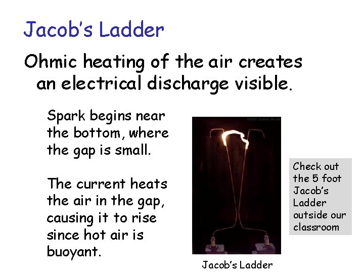 Jacob’s Ladder Ohmic heating of the air creates an electrical discharge visible. Spark begins