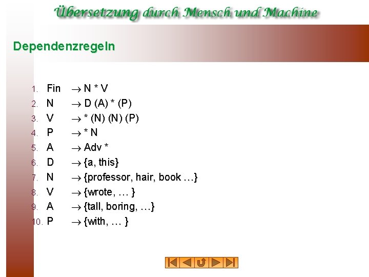 Dependenzregeln 1. 2. 3. 4. 5. 6. 7. 8. 9. 10. Fin N V