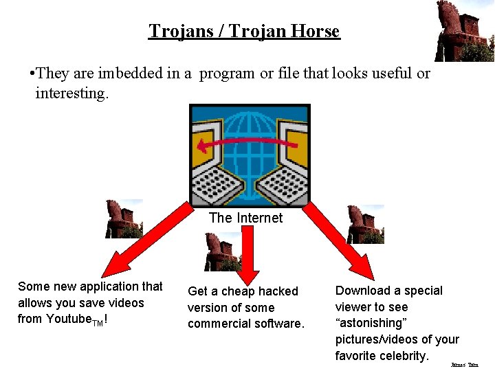 Trojans / Trojan Horse • They are imbedded in a program or file that