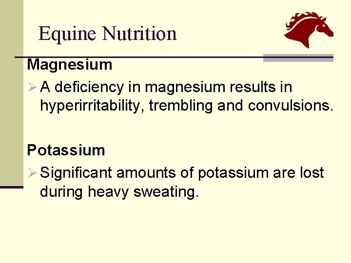 Equine Nutrition Magnesium Ø A deficiency in magnesium results in hyperirritability, trembling and convulsions.