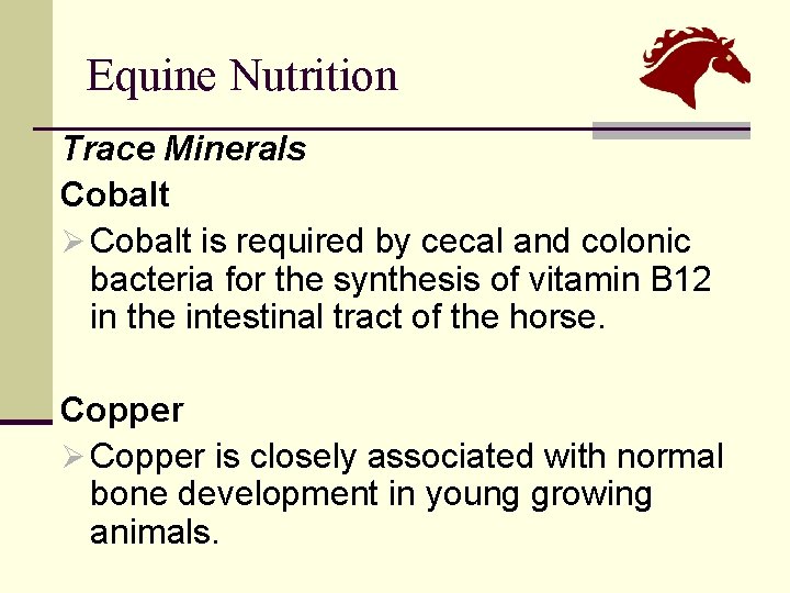 Equine Nutrition Trace Minerals Cobalt Ø Cobalt is required by cecal and colonic bacteria