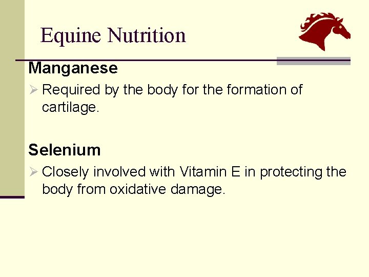 Equine Nutrition Manganese Ø Required by the body for the formation of cartilage. Selenium