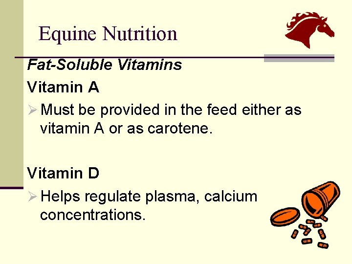 Equine Nutrition Fat-Soluble Vitamins Vitamin A Ø Must be provided in the feed either