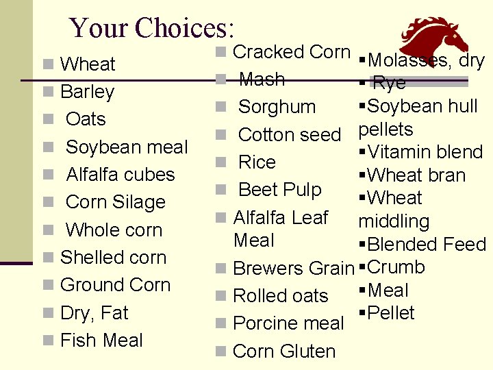 Your Choices: n Wheat n Barley n Oats n Soybean meal n Alfalfa cubes