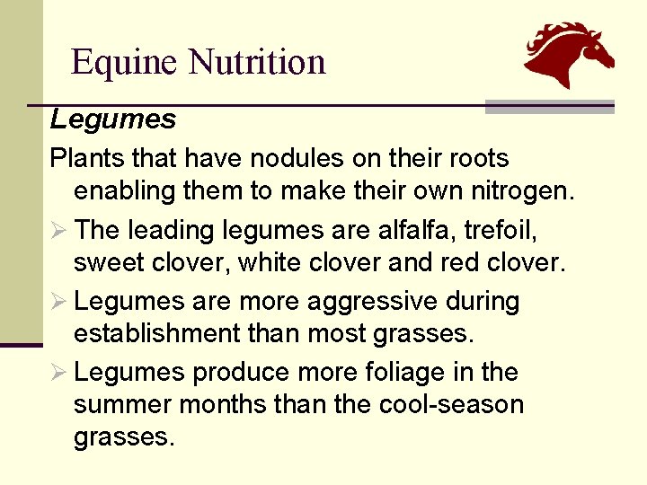 Equine Nutrition Legumes Plants that have nodules on their roots enabling them to make