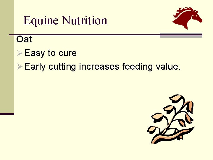 Equine Nutrition Oat Ø Easy to cure Ø Early cutting increases feeding value. 